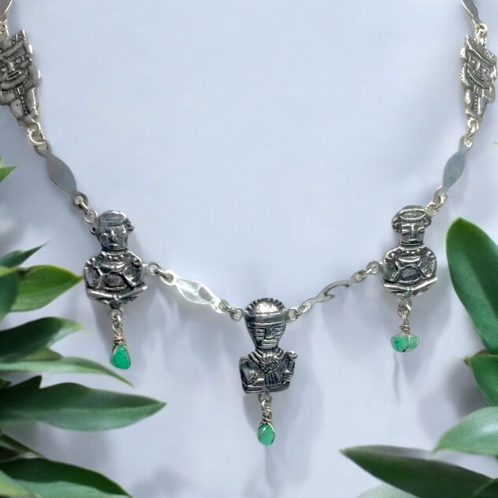 🌺Vintage Sterling & Emerald Mayan Necklace-26+ grams